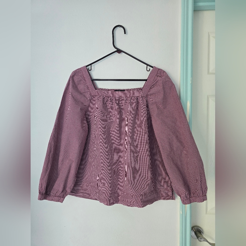 J Crew Red Smocked Puff Sleeve Blouse size L - Picture 3 of 8